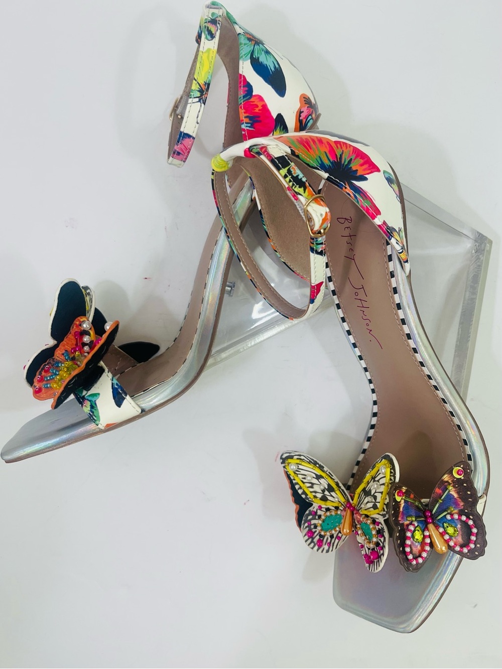 Betsey Johnson White Multicolor Butterfly Embellished Wedge Sandals - Picture 14 of 14